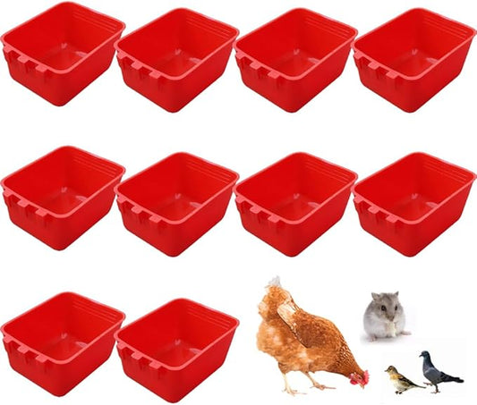 10 Pack Square Cage Cups Birds Feeders,Hanging Bird Chicken Feeder Waterer Cups,Plastic Drinker Quail Cage Waterer,Feeding Bowl for Rabbit Pigeon Parrot Parakeet Gamefowl,Red