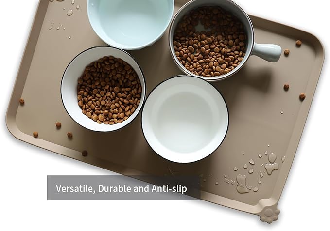 Hoki Found L Silicone Non Slip Pet Dog Cat Bowl Mats - Placemat - Feeding Mat - Waterproof - For Carpet - Tan