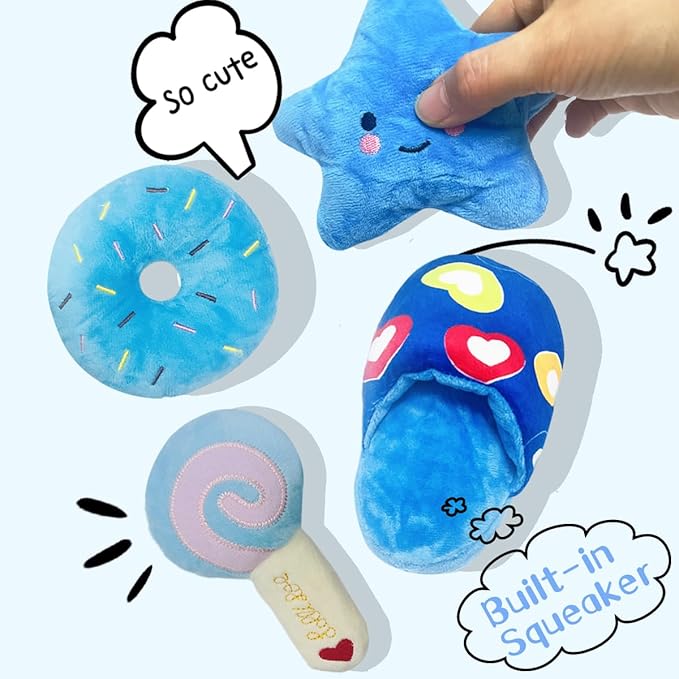 Dog Toys for Small Dogs, 4 Packs Cute Chew Toys for Puppy, Durable Soft Plush Interactive Small Dog Toys, Blue Stars Designs, Doggie Birthday Gifts