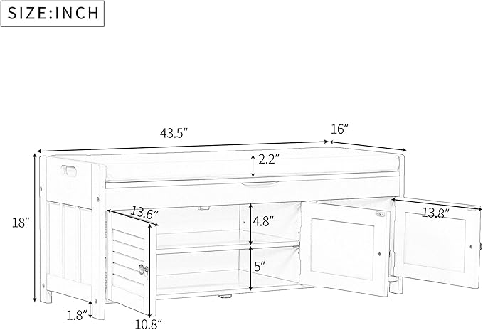 Storage Bench with 3 Shutter-Shaped Doors, Wood Shoe Bench with Removable Cushion and Hidden Storage Space for Entryway, Living Room, Hallway 43.5" L*16" W*18" H (Gray Wash Pine)