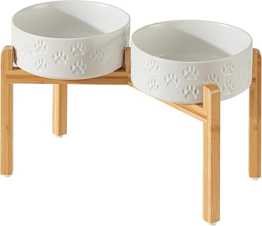 Elevated Ceramic Dog Bowls, 8.3" Dog Dishes with Stand, Elevated Food & Water Bowls for Large Breed Dogs, 2 Non-Slip Feeding Bowls, Microwave Safe (Double Bowls + Stand - White, 8 inch)