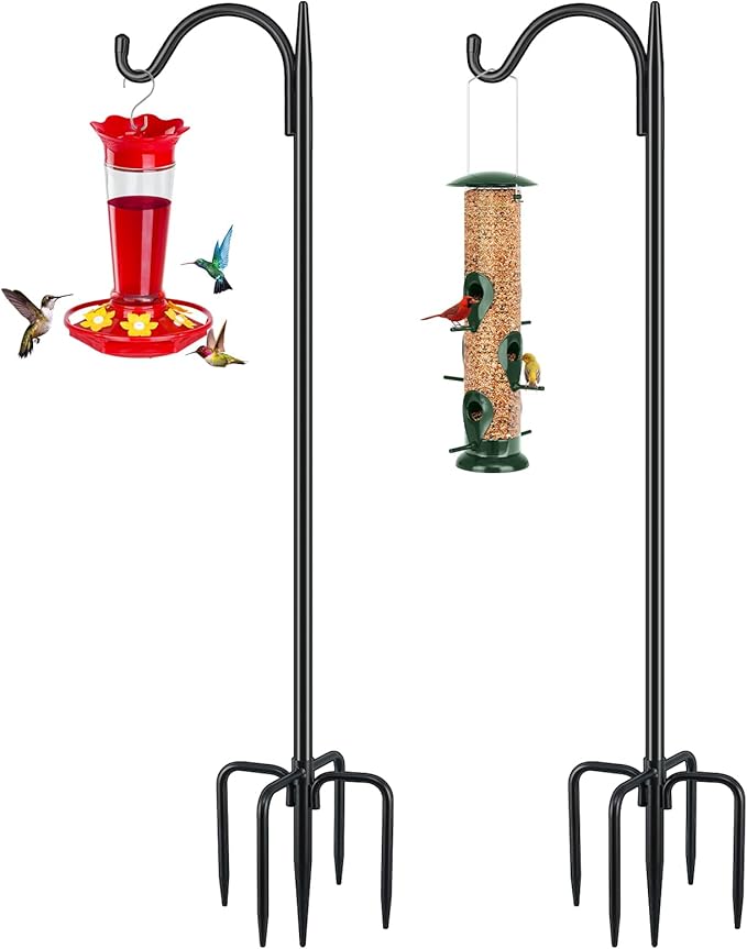 FEED GARDEN Bird Feeder Pole, 60 Inch Shepherds Hooks for Outdoor with 5 Prong Base, Adjustable Heavy Duty Shepherds Hook for Plant Baskets, Hummingbird Feeder, Wedding Decor, Lanterns,2 Pack