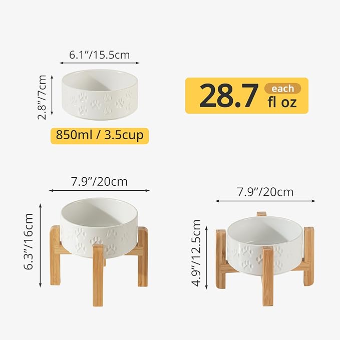 Elevated Ceramic Dog Bowls 2 Pack, 6.1" Individual Dog Bowl with 2 Fixed Height Stand, 3.5 Cup Food and Water Bowls for Small Dogs, Microwave Safe (Double Bowls + Double Stands - White, 6 inch)