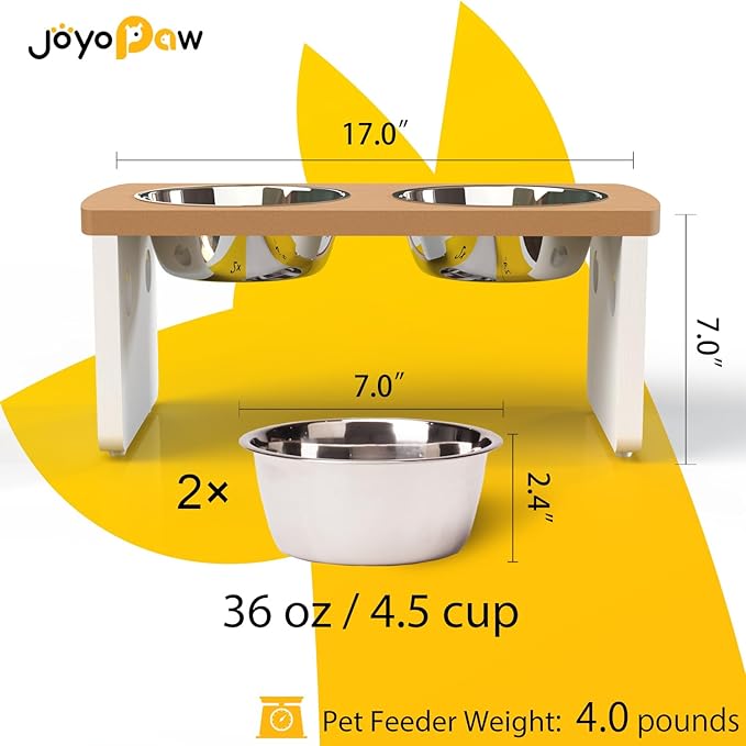 Elevated Dog Bowls, HIPS Raised Dog Bowl for Medium Dogs, with 2 Stainless Steel Bowls (7'' Tall-40 oz Bowl, Teak-White)