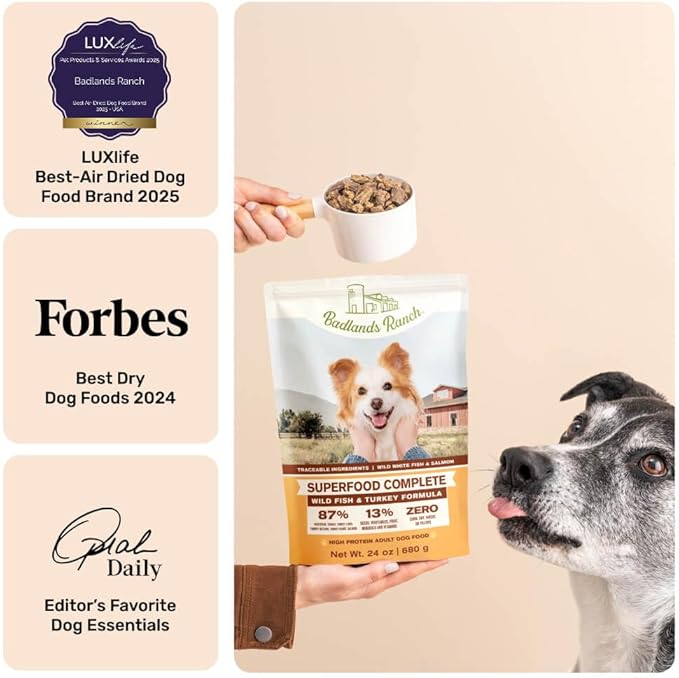 BADLANDS RANCH by Katherine Heigl- Superfood Complete, Air-Dried Adult Dog Food - High Protein, Zero Fillers, Superfood Nutrition (64 Ounce (Pack of 2), Fish & Turkey)