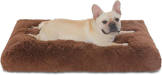 Bedfolks Waterproof Crate Bed, Plush Pad with Removable Cover, Faux Fur for Large Dogs, Washable Kennel Bed 35"x23", Solid Brown