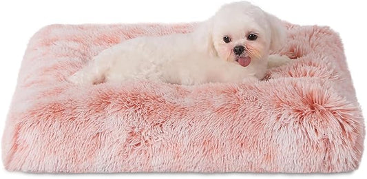 Bedfolks Plush Waterproof Dog Crate Bed, Removable Washable Cover, Faux Fur for Small Dogs & Cats, 23"x18", Pink