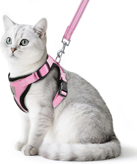 PUPTECK Cat Harness and Leash Set Escape Proof Reflective Cat Walking Harness Adjustable Soft Breathable Mesh Vest for Small Pets, Light Pink, L