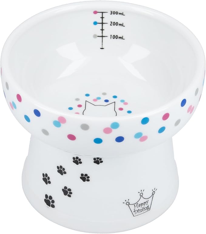 Necoichi Elevated Cat Water Bowl – Ceramic Raised Cat Bowl, Prevents Neck & Whisker Fatigue – Dishwasher & Microwave Safe – Pet Water Bowl for Cats (Colorful Dots, Extra Tall)