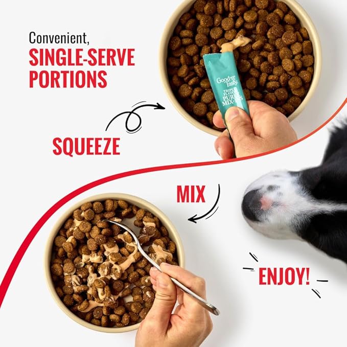 Good 'n' Tasty Triple Flavor Puree Mix-Ins Dog Food Topper Treats for All Dogs, 7 Count, Easy Single-Serve Portions, Added Protein with Tuna, Chicken and Duck (Pack of 2)