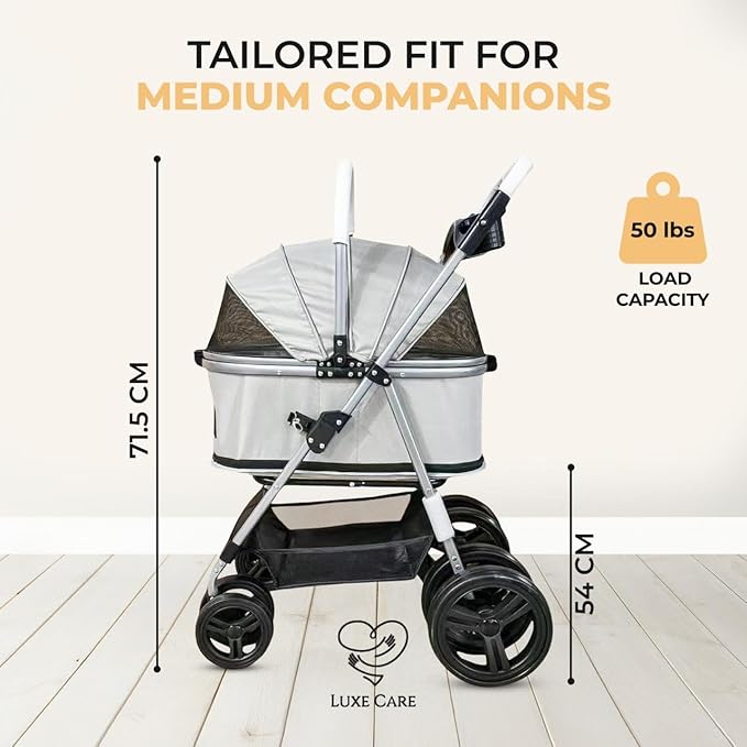 Luxe Haus 4 Wheel Foldable Pet Stroller - Lightweight Dogs and Cats Stroller Upto 50lbs with Mesh Canopy, Storage Basket and Cup Holder, Durable for Walks and Outings (Medium)
