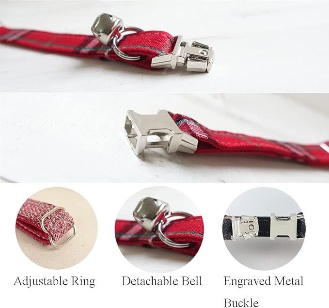 Personalized Cat Collar with Name Plate,Adjustable Tough Nylon Cat ID Collars with Bell,Customize Engraved Pet Name and Phone Number (Plaid Style A)