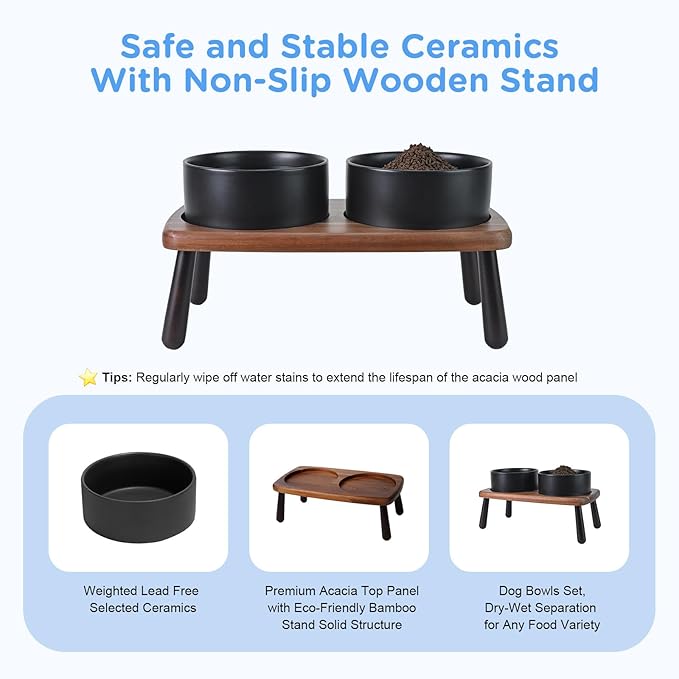 SPUNKYJUNKY Ceramic Elevated Dog Bowls Raised with Acacia Bamboo Wooden Stand, 6.1'' Dog and Cat Food Water Bowls Set Non-Slip for Small Medium Sized Breed Microwave Dishwasher Safe - 28.7 OZ,Black