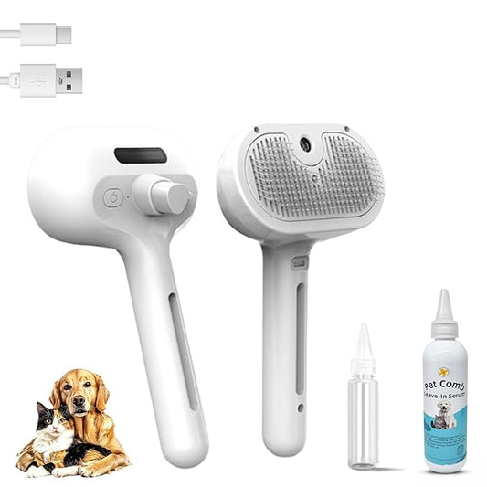 3 in 1 Cat Steam Brush - Self Cleaning Pet Steam Brush for Cat & Dog - Cat Brushes for Shedding with Quiet Motor - Elimination Flying Hair - Keep Your Clothes & Home Clean, White