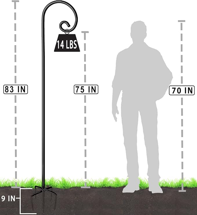 Outdoor Shepherd Hooks 92 inch Tall for Bird Feeder (2 Packs), Adjustable Metal Garden Poles for Hanging Plants Solar Light Lantern, Bright Black