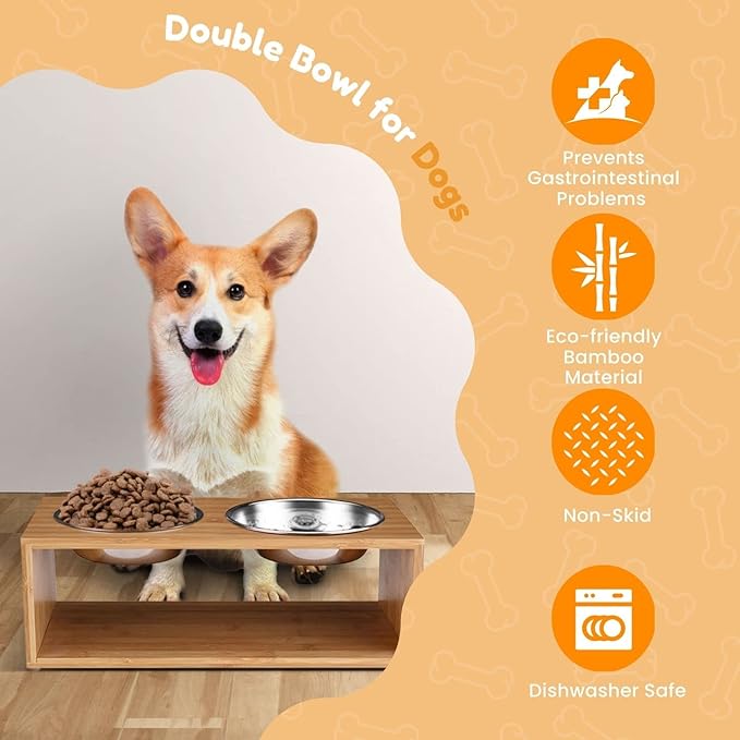 Flexzion Elevated Dog Bowl Stand Raised Dog Bowl Holder Pet Feeding Station Dish Riser 14 Oz 4.7-Inch Tall Food and Water Platform Stainless Steel Raised Food Bowl for Dogs and Cats with Wooden Stand