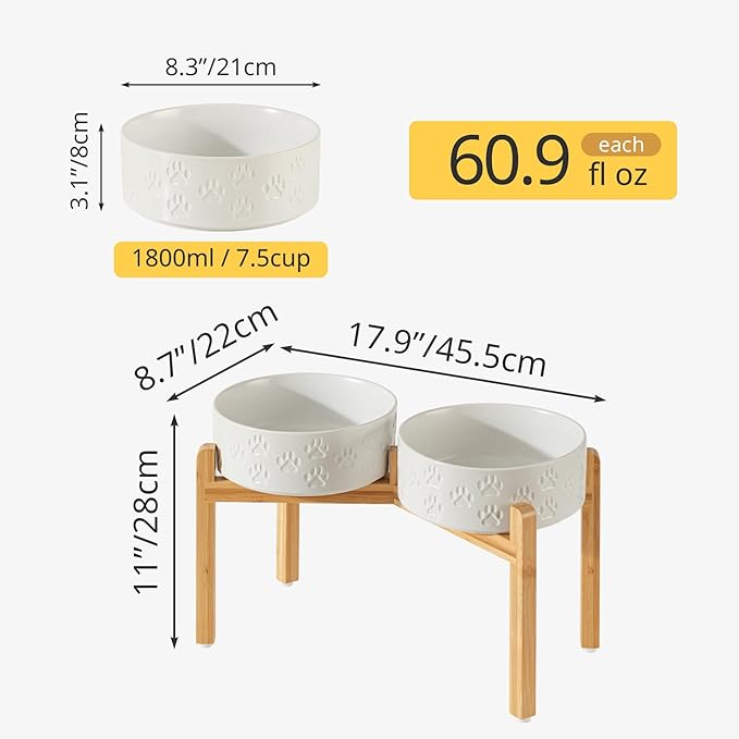 Elevated Ceramic Dog Bowls, 8.3" Dog Dishes with Stand, Elevated Food & Water Bowls for Large Breed Dogs, 2 Non-Slip Feeding Bowls, Microwave Safe (Double Bowls + Stand - White, 8 inch)