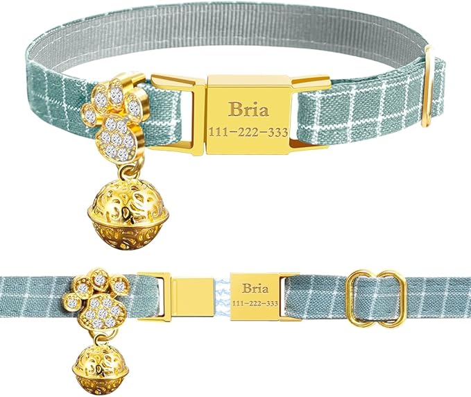 Personalized Breakaway Cat Collars - Magnetic Buckle, Bell - Safety Quick Release, Customized for Girls & Boys Cats- (Checkered-Cyan)