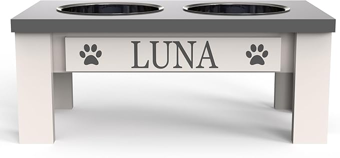 GrooveThis Woodshop Luxury Pet Feeder - Elevated Stand with Stainless Steel Bowls for Small Dogs & Cats, Anti-Slip, Easy Clean, Chic & Durable Design (Small, Grey)