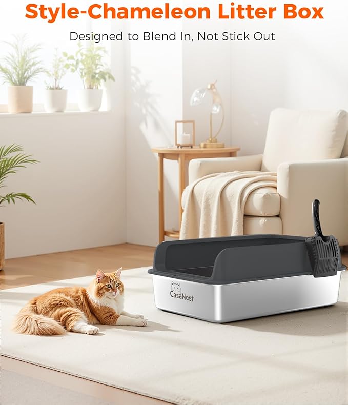 XXXL Stainless Steel Cat Litter Box 28.1''×20.5''× 10.1” Extra Large Metal Cat Litter Box for Big, Multi Cats, Anti-Leakage & Non-Stick Metal Pan, Easy to Clean, Durable (Black