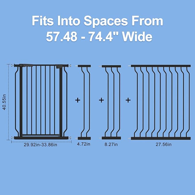 WAOWAO Extra Tall 40.55" Baby Gate 57.48-74.4" Wide Pressure Mounted Walk Through Swing Auto Close Safety Black Metal Toddler Child Dog Pet for Indoor Stairs,Doorways