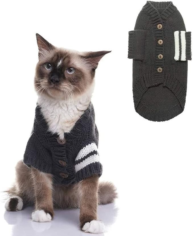 EXPAWLORER Cat Sweater Cardigan - Stylish Knitted Cat Clothes, British Style Soft Puppy Sweater with Sleeve Warm Pet Clothing Knitwear, Fall and Winter Kitten Coat for Girl Boy Cats, Grey Large