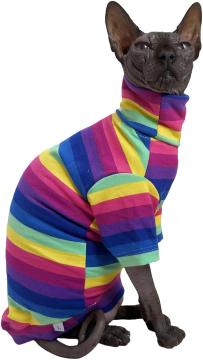 Vintage Stripes Sphynx Hairless Cats Shirt Cotton Cat Turtleneck Pet Clothes Kitten T-Shirts with Sleeves for Sphynx Cornish Rex, Devon Rex, Peterbald (Rainbow Stripe, Medium (Pack of 1))