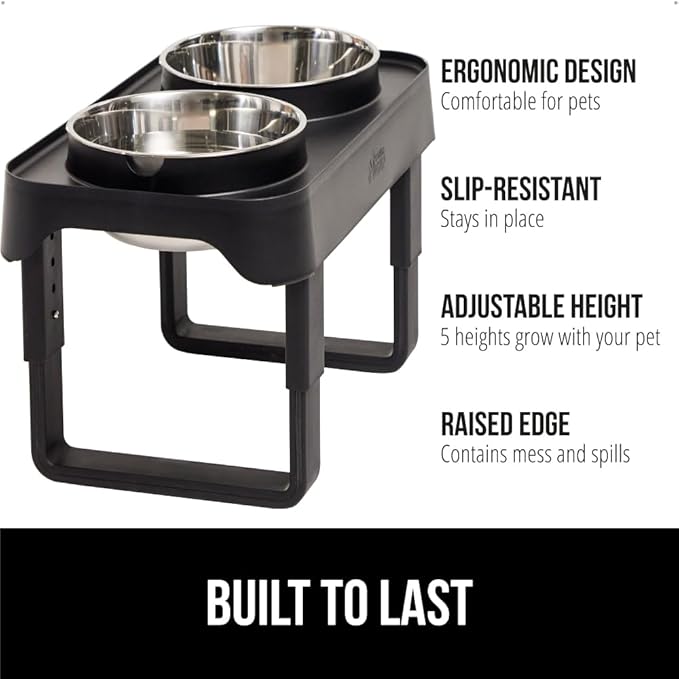 GORILLA GRIP Elevated Dog Bowls Stand, 6 Cup Stainless Steel Food Bowl Set of 2, 5 Height Adjustable Raised Feeding Station for Small Breed Puppy Dogs and Cats, Medium, Large Sized Pets Feeder, Black