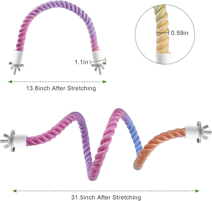 3 Pcs Bird Rope Perches Gradient Color, Bendable Parrot Bird Perch Rope Stand for Cage, Stand Climbing Stand Toy for Cockatiels, Lovebirds, Budgies, Parakeets (2 Short + 1 Long)