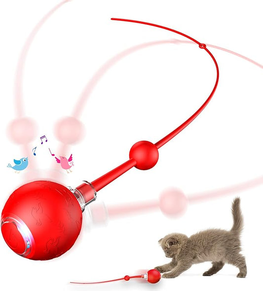 Interactive Cat Toy for Indoor Cats,Automatic Electric Self Rotating Ball with Chirping, Led Light and Long Tail for Motion Activated, Smart Spinning Ball for Fun Exercise, Red