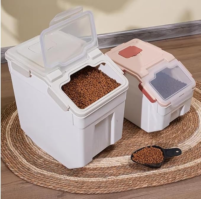 2 Pack Rice Storage Container 25 lbs, Airtight Flour Storage Containers with Lid and Wheels, Measuring Cup & Scoop, BPA Free, Bulk Food Dispenser for Sugar, Grain, Cereal - Pet Food Bin (Grey)