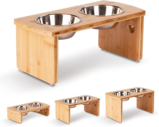 Elevated Dog Bowls, Bamboo Raised Dog Bowl for Medium Dogs, with 2 Stainless Steel Bowls (7'' Tall-40 oz Bowl, Natural)