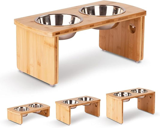Elevated Dog Bowls, Bamboo Raised Dog Bowl for Medium Dogs, with 2 Stainless Steel Bowls (7'' Tall-40 oz Bowl, Natural)