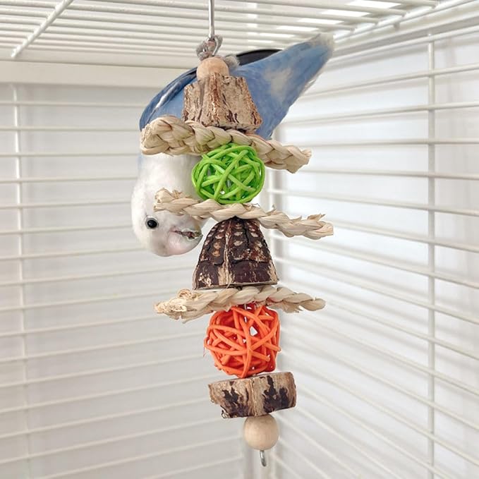 Parrots Chewing Toy Wood Block Nut Rattan Ball Corn Husk with Hanging Hook Entertainment Toy Wood Bird Toy for Parrots Chewing Block Cage Toy Accessories for Cockatiel Parakeets Random Color (1 Pcs)