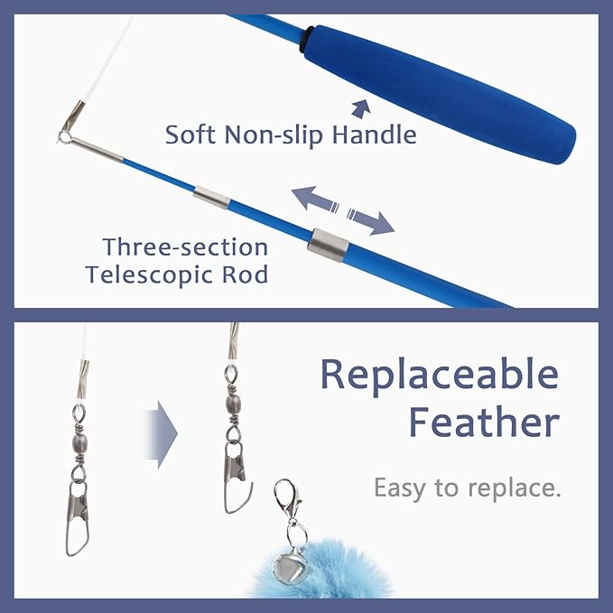 SONGWAY Cat Wand Toys for Indoor Cats - Cat Toy Set with Retractable Teaser Wand and 6 PCS Fairy Feather Toy Refills, Dragonfly Tassel Plush Cat Toys Interactive, Blue