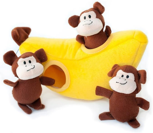 ZippyPaws Burrow- Interactive Dog & Puppy Toys for Boredom, Stimulating Pet Products to Keep them Busy, Hide & Seek Plush Puzzles, Squeaky Toy for Enrichment, For Small & Medium Dogs- Monkey 'n Banana
