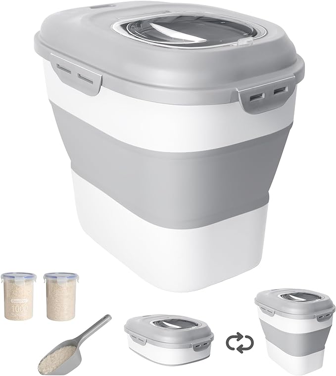 20-50 Lbs Food Storage Container With Wheel, Airtight Locking Lid, Collapsible Rice Container, Flour Storage With Small Container and Scoop, Suitable for Pet Food