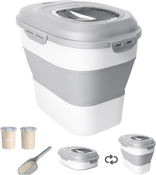 20-50 Lbs Food Storage Container With Wheel, Airtight Locking Lid, Collapsible Rice Container, Flour Storage With Small Container and Scoop, Suitable for Pet Food