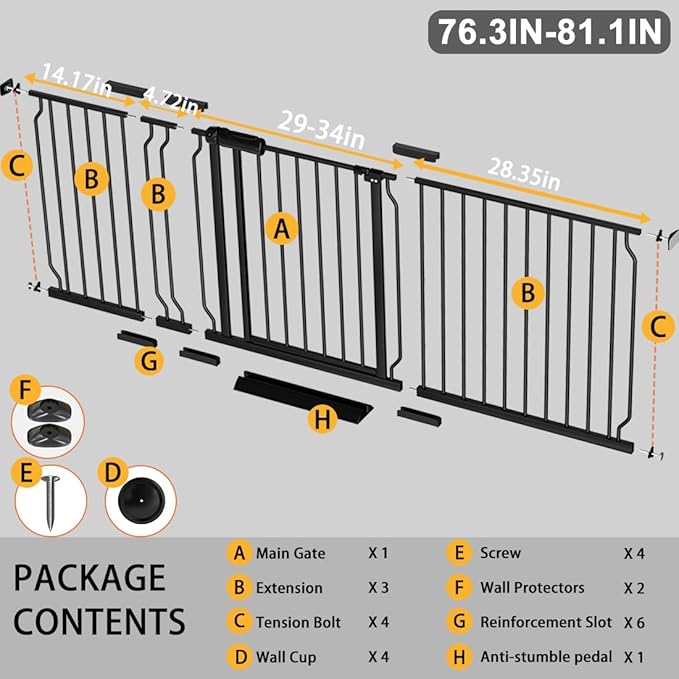 Fairy Baby Extra Wide Baby Gate 76.3-81.1 Inch Wide, Walk Through Pressure Mounted No Drill, Long and Large Tension Gate for Pet and Kids