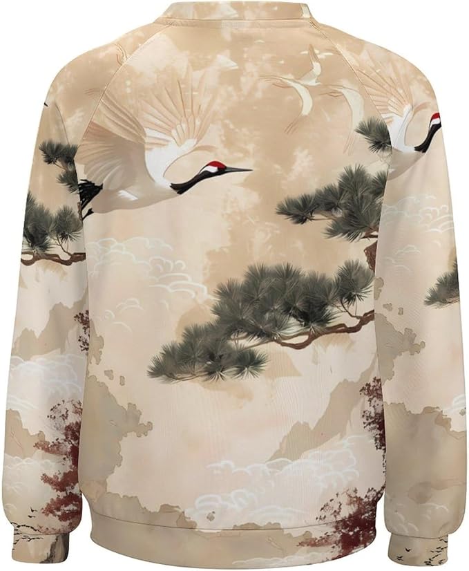 Womens Long Sleeve Tops Y2k Japanese Art Print Sweatshirts Fall Pullover for Women Crewneck Vintage Shirts Boho Tops