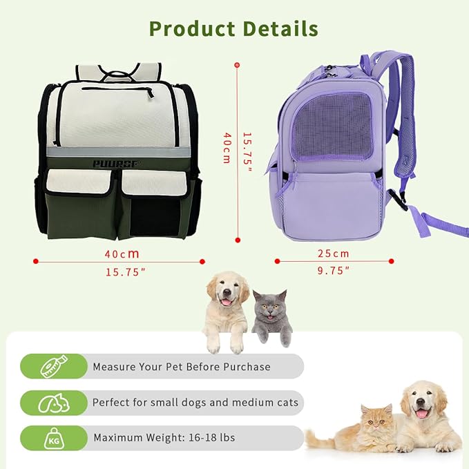 Cat Backpack Carrier,Pet Backpack for Small Dogs, Medium Cats, Maximum Weight 16 lbs,Sunshade and Breathable Dog Backpack Carrier,Ergonomic 3D Design for Hiking,Camping and Vet Visits (Green)