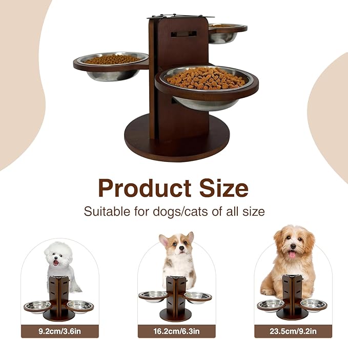 Adjustable Elevated Dog Bowl Stand (3.6"/6.3"/9.2") with 3 Stainless Steel Bowls, 3 in 1 Bamboo Raised Dog Bowls Pet Feeding Station for Cats/Small/Medium Dogs