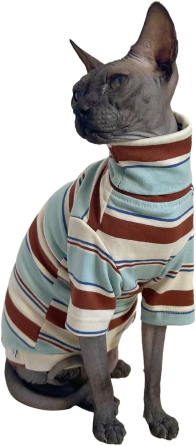 Vintage Stripes Sphynx Hairless Cats Shirt Cotton Cat Turtleneck Pet Clothes Kitten T-Shirts with Sleeves for Sphynx Cornish Rex, Devon Rex, Peterbald (Mint Brown, Small (Pack of 1))