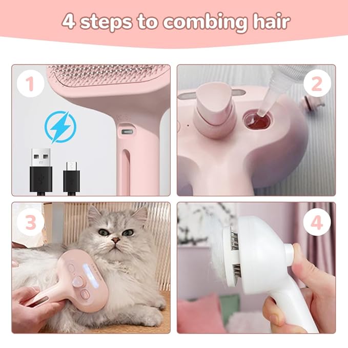 Pet Spray Hair Removal Comb, 2025 New Pet Steam Brush for Dog Cat, Steam Brush for Shedding Grooming, Water Steamy for Long Short Haired Pets, Portable Anti-Static Cat Steamy (Pink)