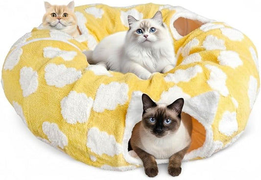 Donut Cat Tunnel Bed with 4 Peekaboo Holes, Multi-Cat Play Tube & Cozy Cave, Plush Indoor Kitten Toy Tent, Machine Washable and Collapsible
