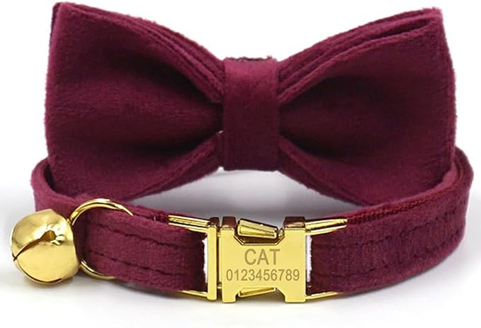 Personalized Cat Collar with Bells,Velvet Customized Small Cat Collar with Name Tag,Pet Collar with Name Phone Number Engraved ID Tags for Boy and Girl Kitten Cats (Wine Red)