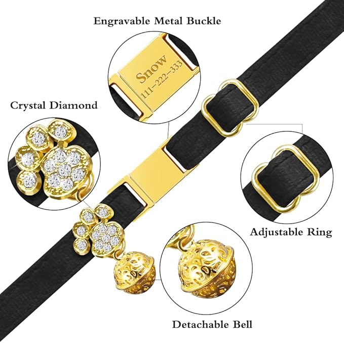 Personalized Breakaway Cat Collars - Magnetic Buckle, Bell - Safety Quick Release, Customized for Girls & Boys Cats- (Velvet-Black)