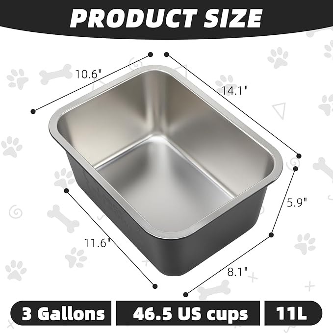 3 Gallons Large Dog Water Bowl, High Capacity Stainless Steel Dog Bowls, Indoor Outdoor Water Bowl for Dogs Metal Pet Food Dish for Medium Large Giant Breed Easy to Clean (Black)