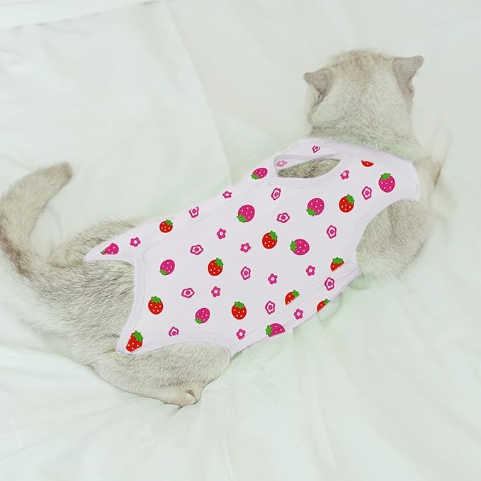 Cat Professional Surgical Recovery Suit,E-Collar Alternative for Cats Dogs,After Surgery Wear, Pajama Suit,Home Indoor Pets Clothing Strawberry S