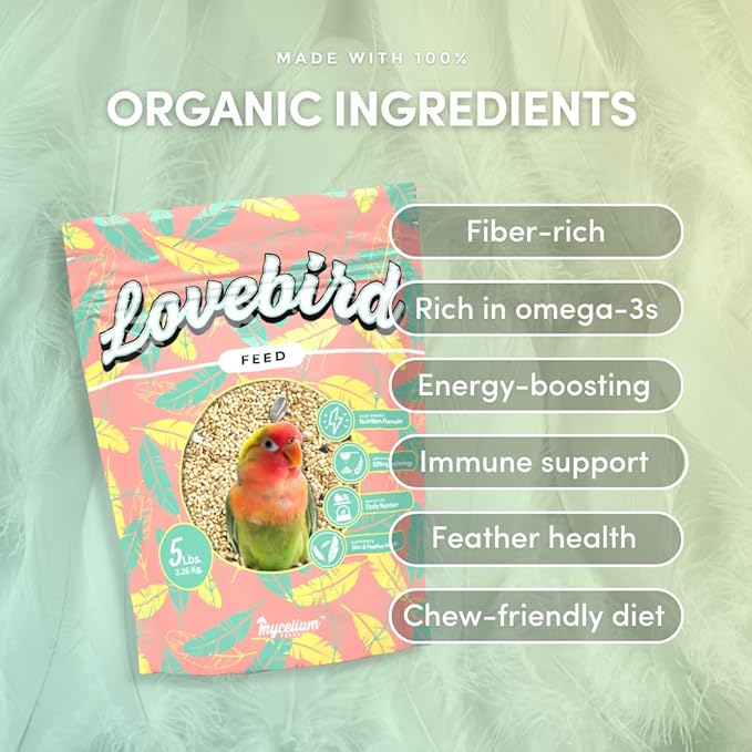 Mycelium Lovebird Feed (5 LB Bag) | Organic, Clean Seed Blend for Lovebirds & Small Parrots | Supports Skin & Feather Health | Non‑GMO, Shell-Free Nutrition | USA Made